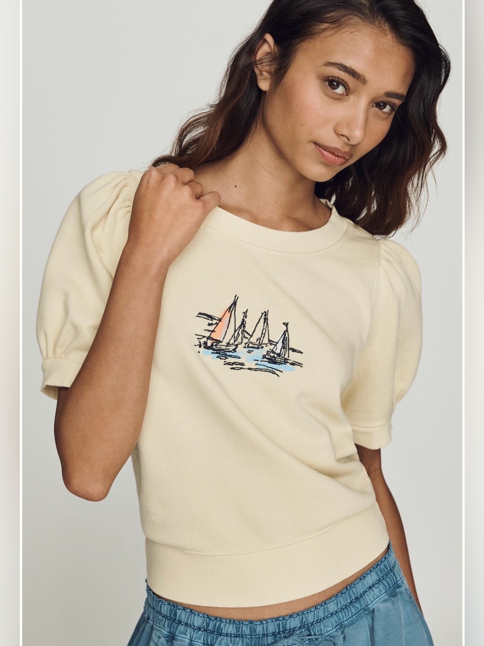 NWT Anthropologie Maeve Yellow Embroidered Sailboat Puff Sleeve Sweatshirt SZ XS
